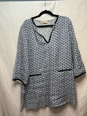 Tory Burch Blue Floral Geometric Print Split Neck Tunic Blouse Large